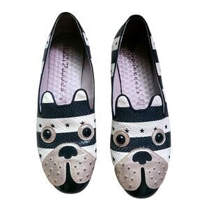 Hush Puppies HPO2 Flex Leather Slip-On Flats Black Cream Gold Studded Dog Shoes